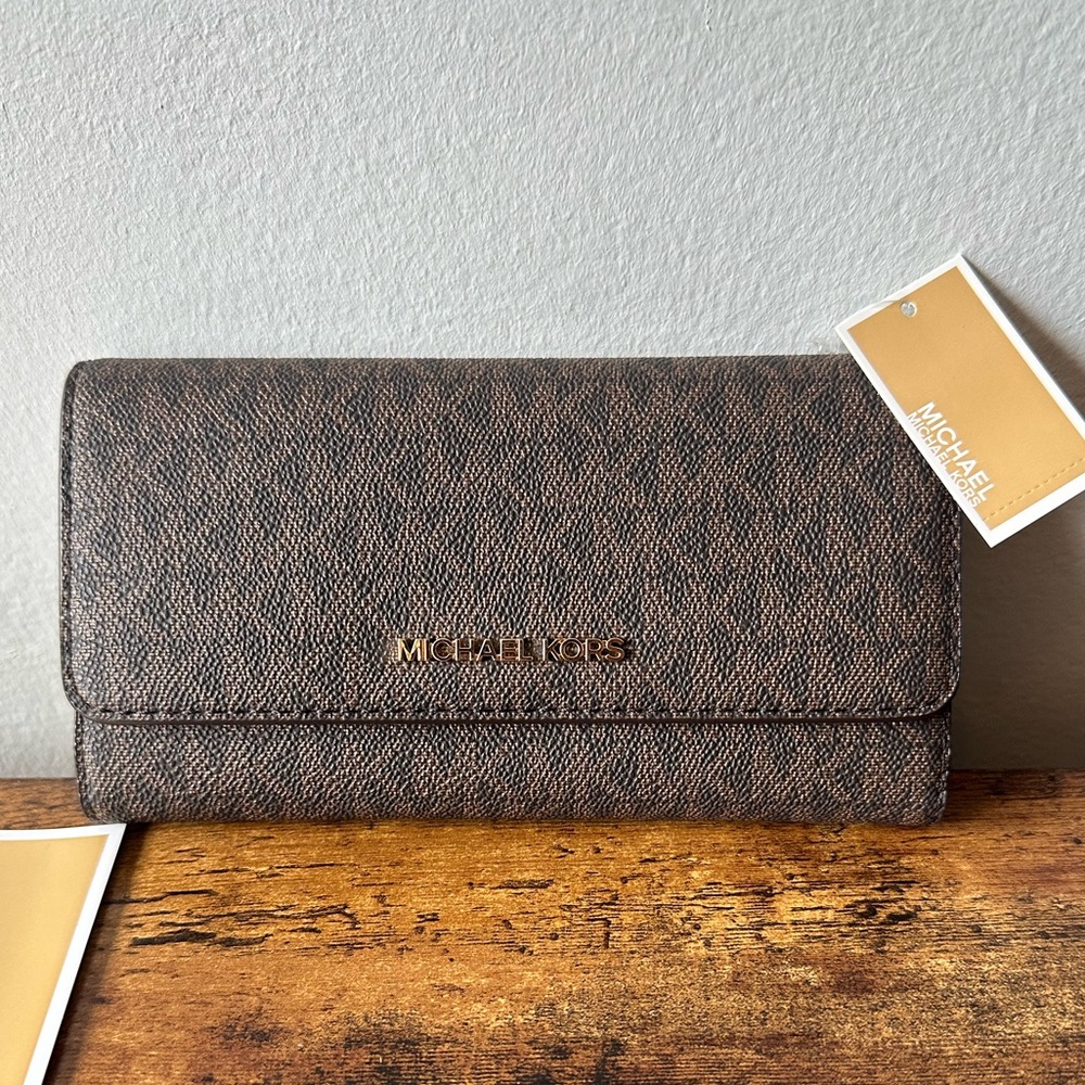 Michael Kors Brown Pebbled Continental Trifold Wallet Monochrome MK NWT
